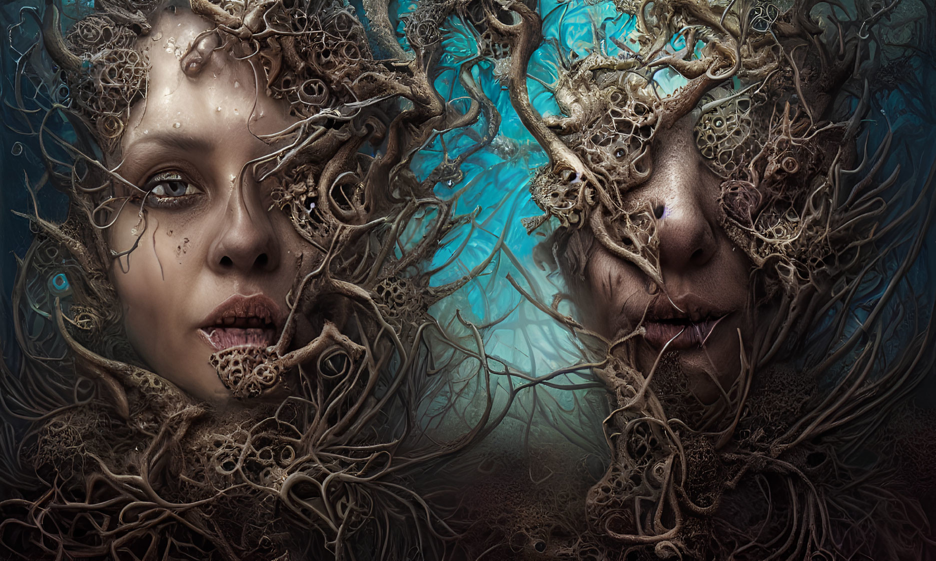 Dual faces intertwined with tree-like structures and gears on a mystical blue backdrop