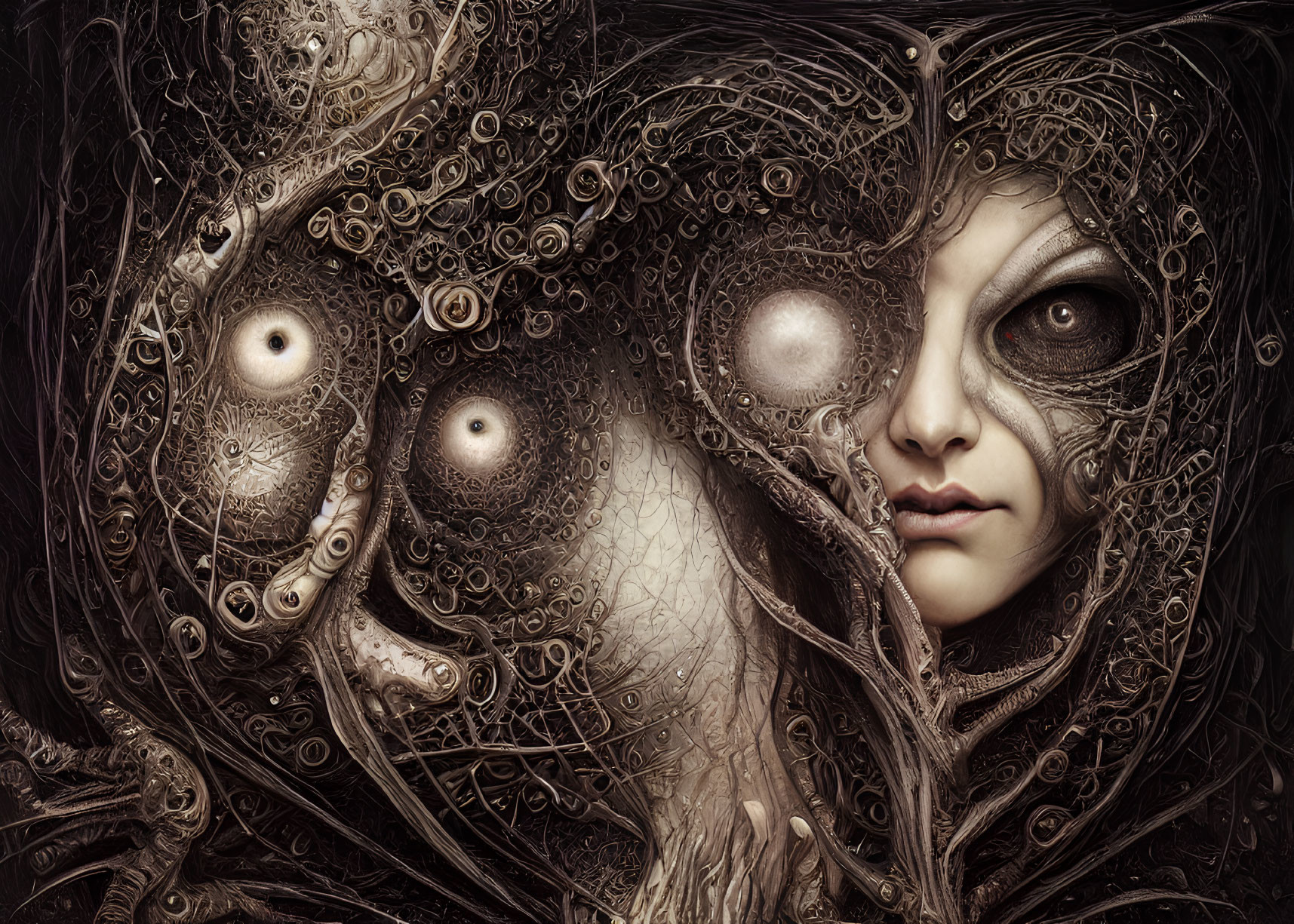 Surreal portrait featuring woman's face with mechanical elements and extra eyes.