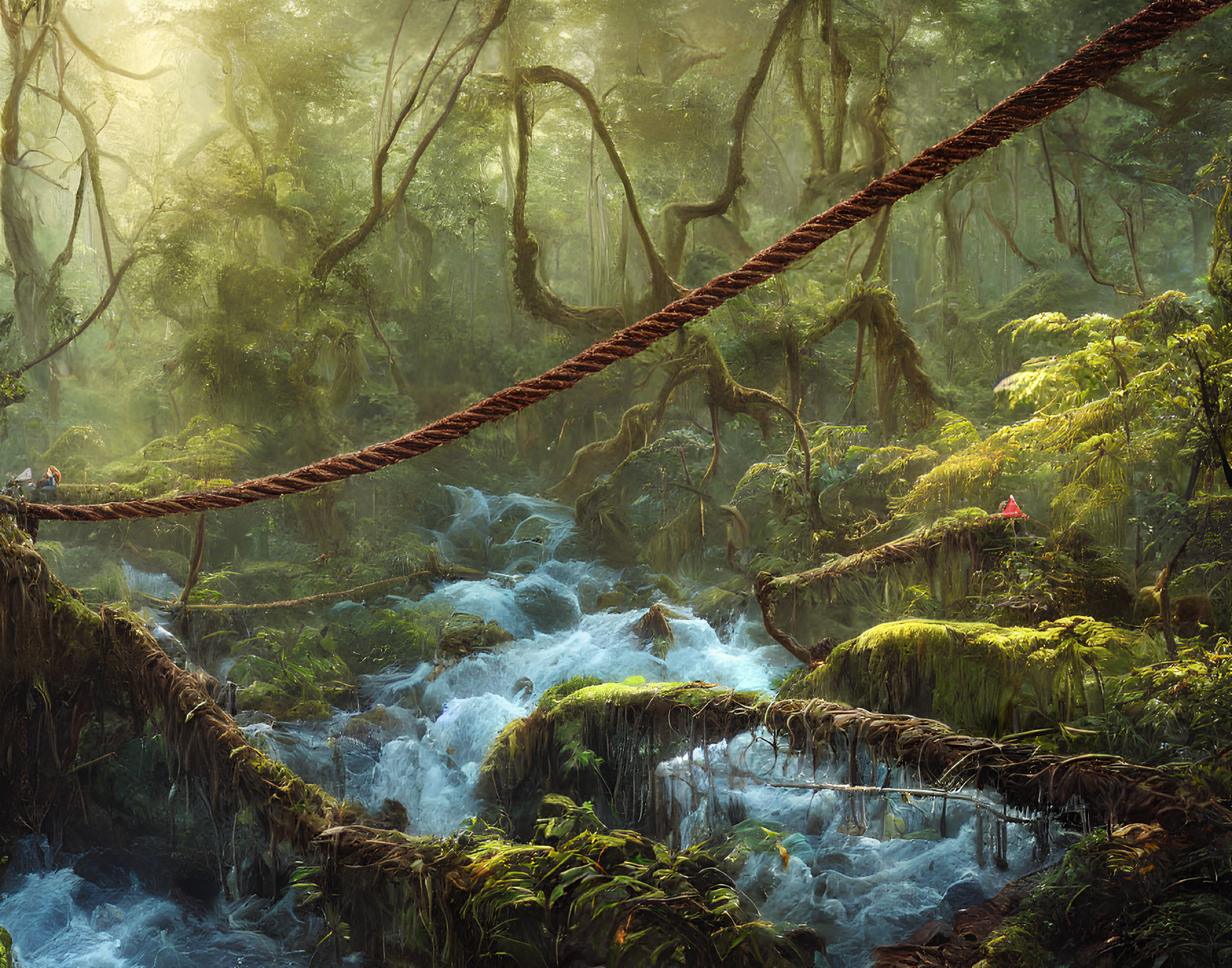 Forest scene with rope bridge over river, sunlight filtering through canopy, moss-covered trees, and person.