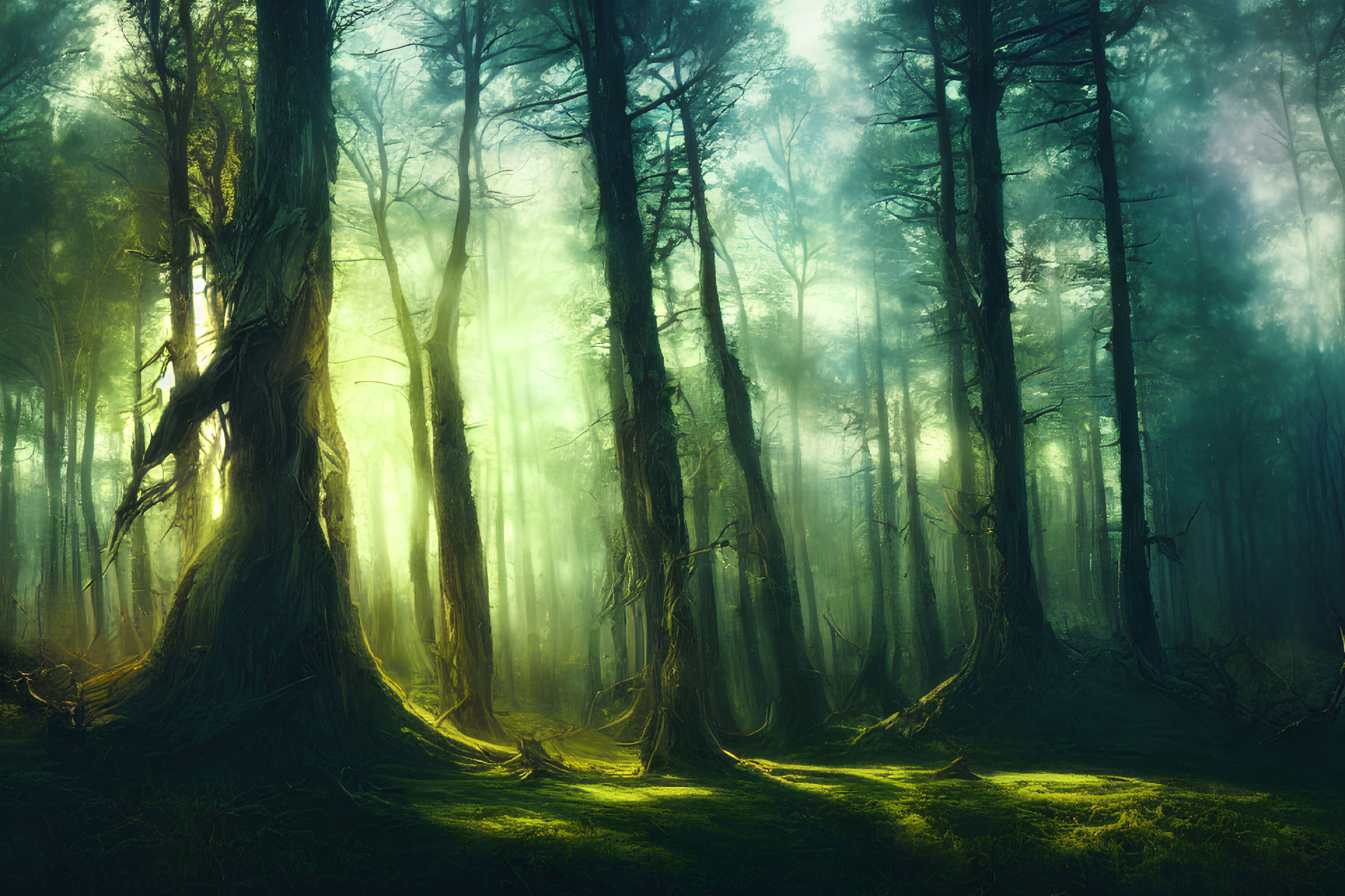 Misty forest with sunbeams and moss-covered trees