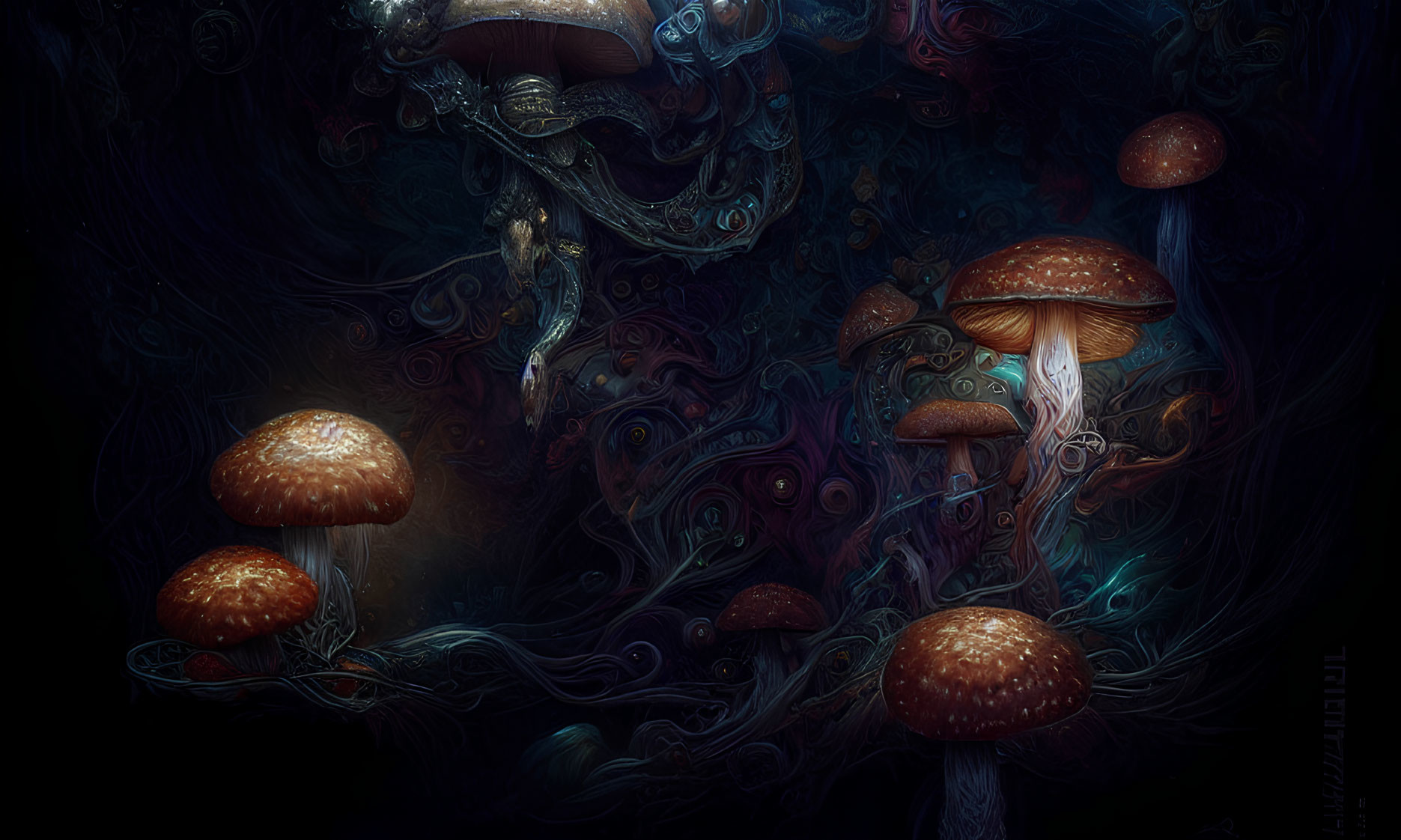 Dark forest with oversized mushrooms and intricate patterns: fantasy ambiance