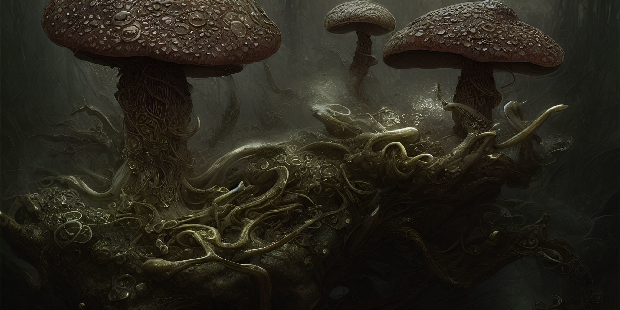 Enchanting artwork of dew-covered mushrooms on textured surface