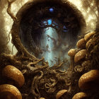 Enchanting forest scene with large mushrooms and circular gateway to mysterious mechanical structure