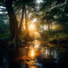 Golden sunlight filters through dense tropical forest onto tranquil pond and lush foliage