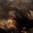 Fantastical ethereal forest with glowing mushrooms and jellyfish-like creatures