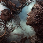 Dual faces intertwined with tree-like structures and gears on a mystical blue backdrop