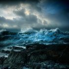 Stormy Sea with Raging Waves and Jagged Rocks under Cloud-Filled Sky