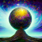 Colorful psychedelic landscape with sun-like eye and swirling patterns