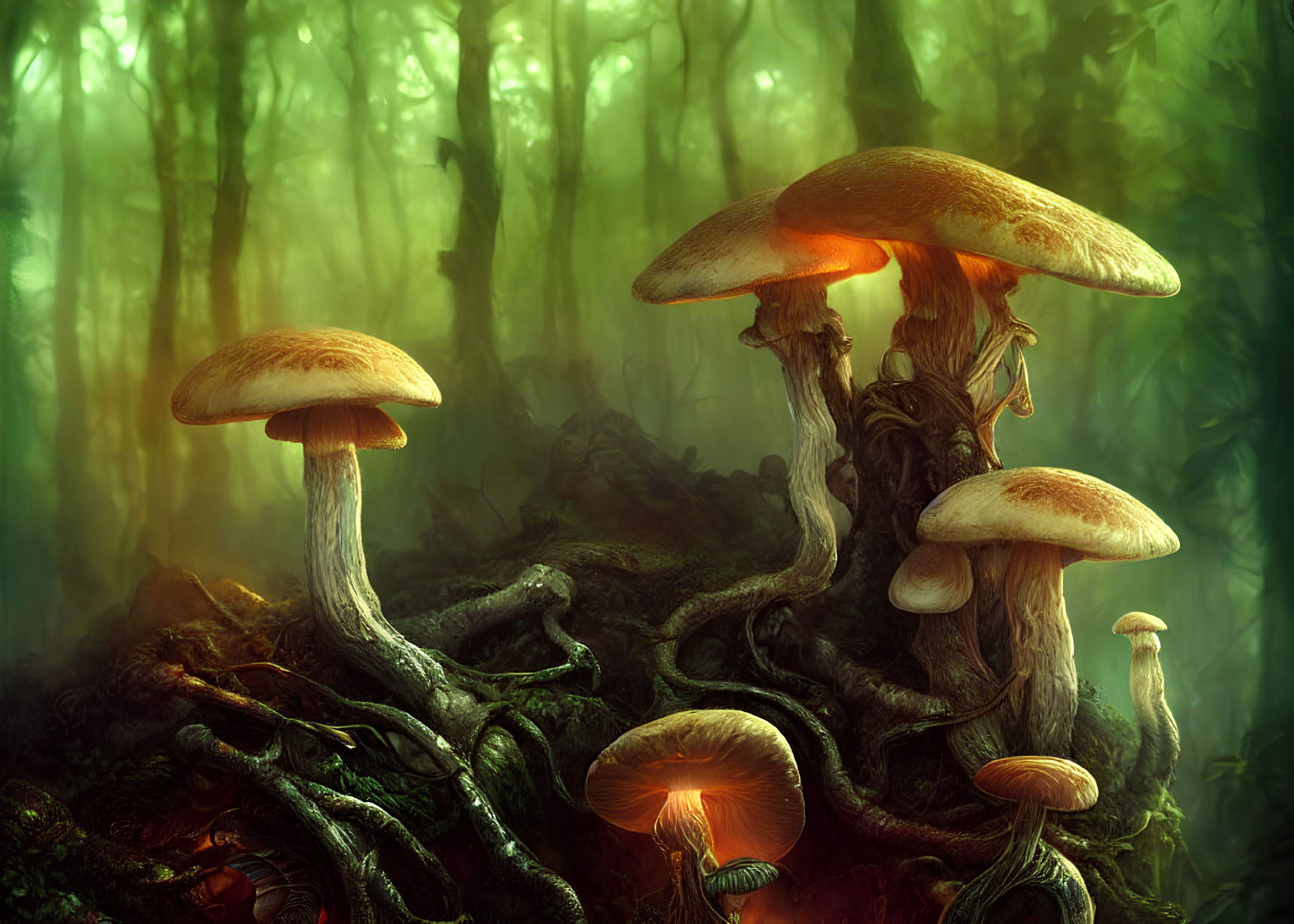 Mystical forest scene with luminous mushrooms and twisted roots