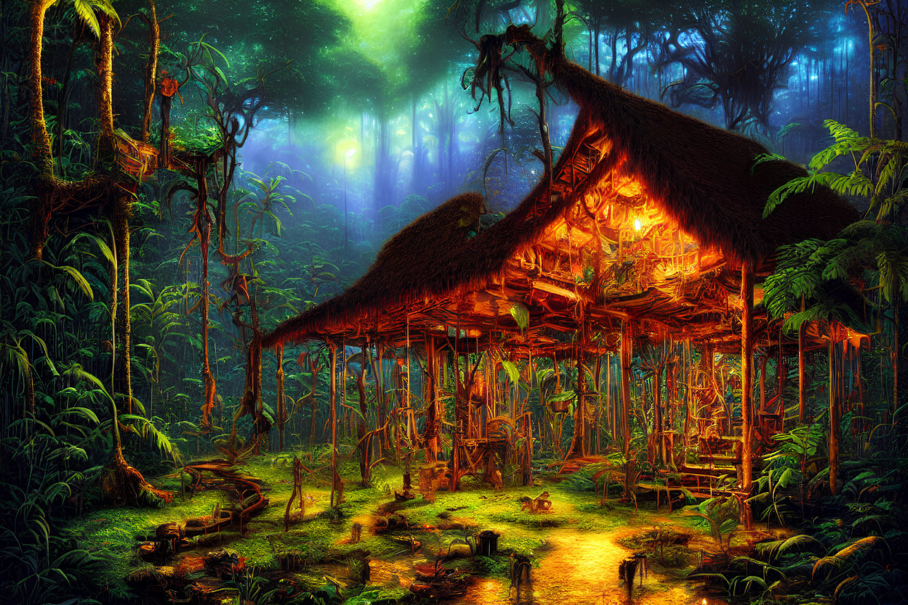 Enchanting illustration of a thatched hut in mystical forest