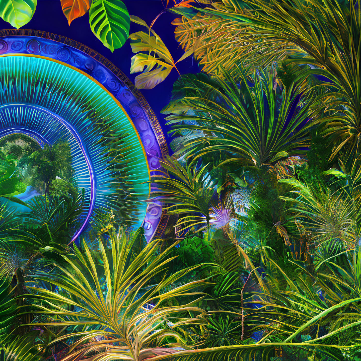 Colorful tropical foliage with blue neon circles in surreal digital scene