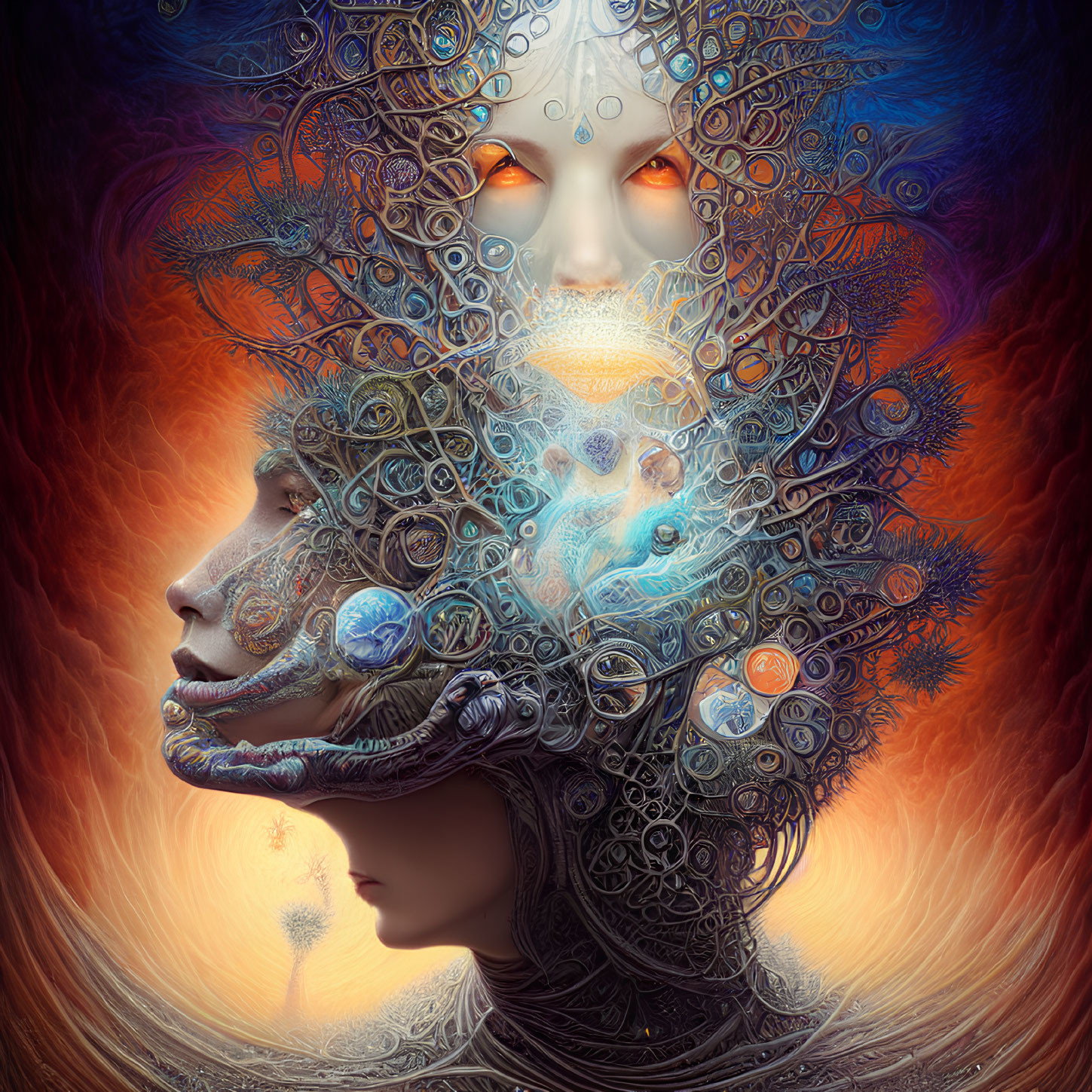 Multifaceted digital artwork with celestial, organic, and mechanical elements