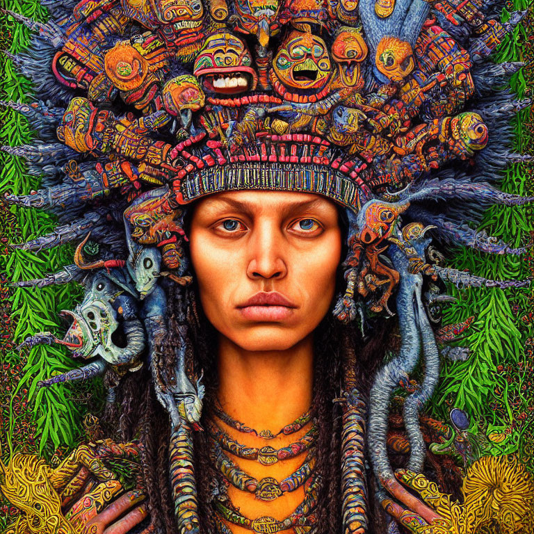 Intense gaze person with intricate, colorful headdress in lush green foliage