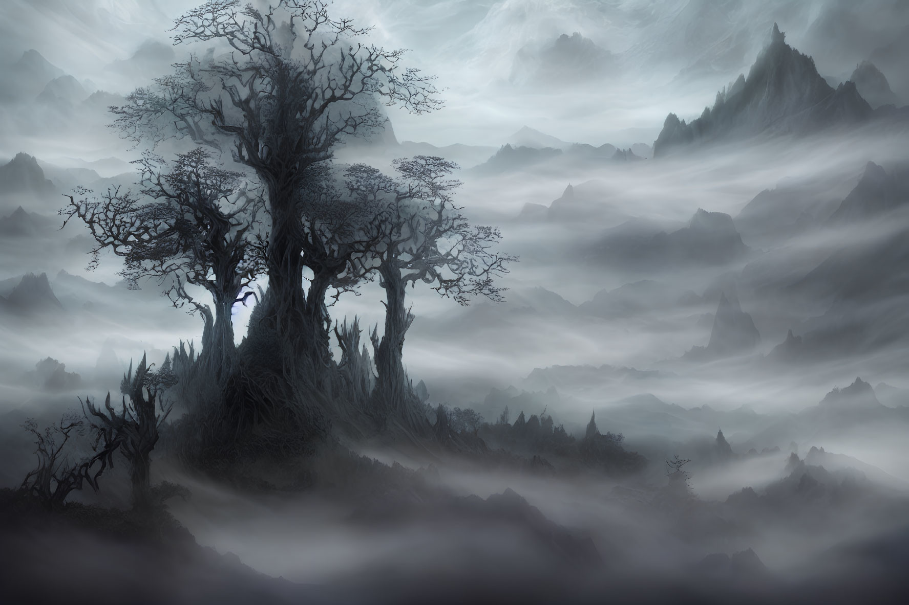 Mystical landscape with silhouetted tree and mist-covered mountains