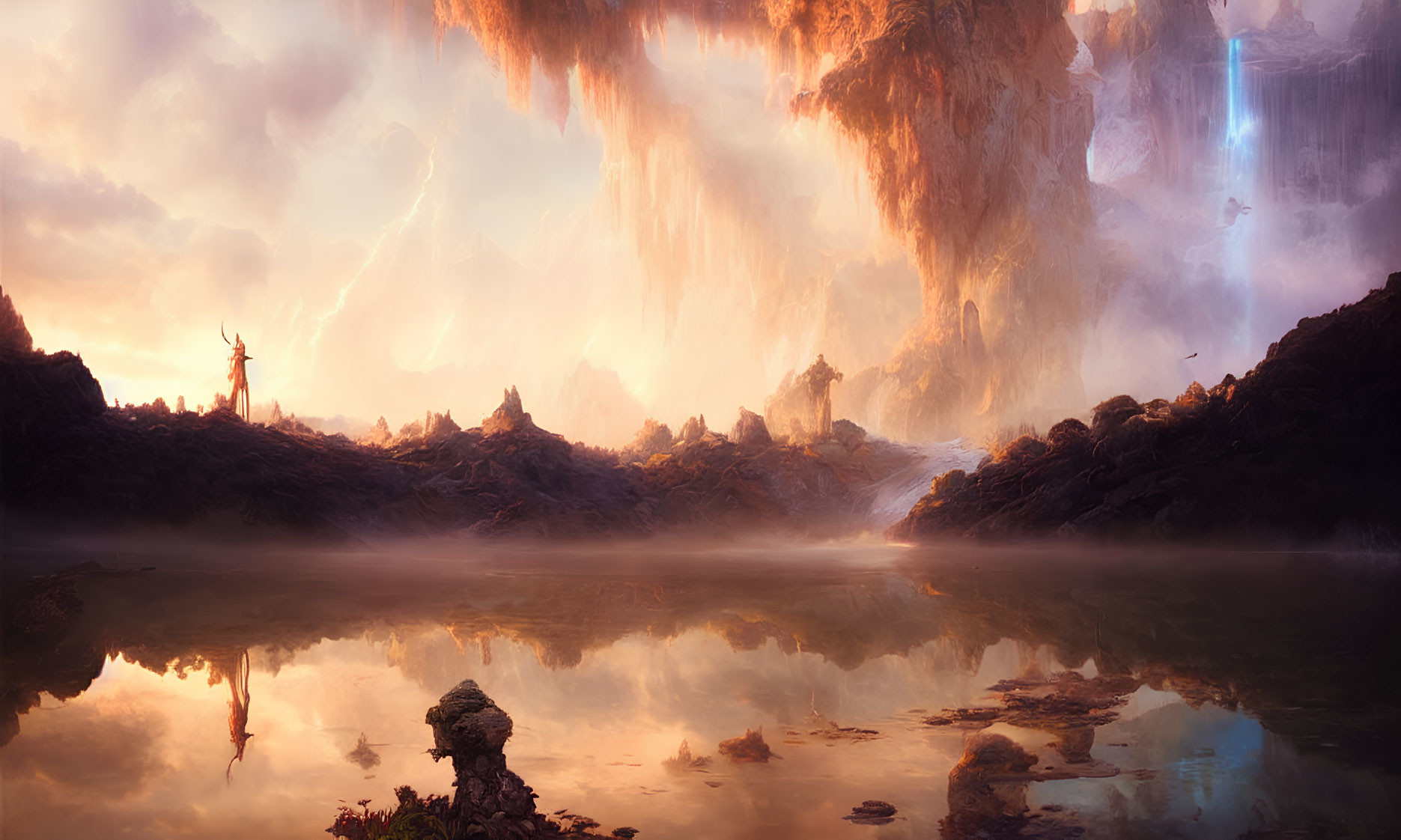 Majestic landscape with serene lake, rocky formations, waterfall, light beams, and mysterious figure