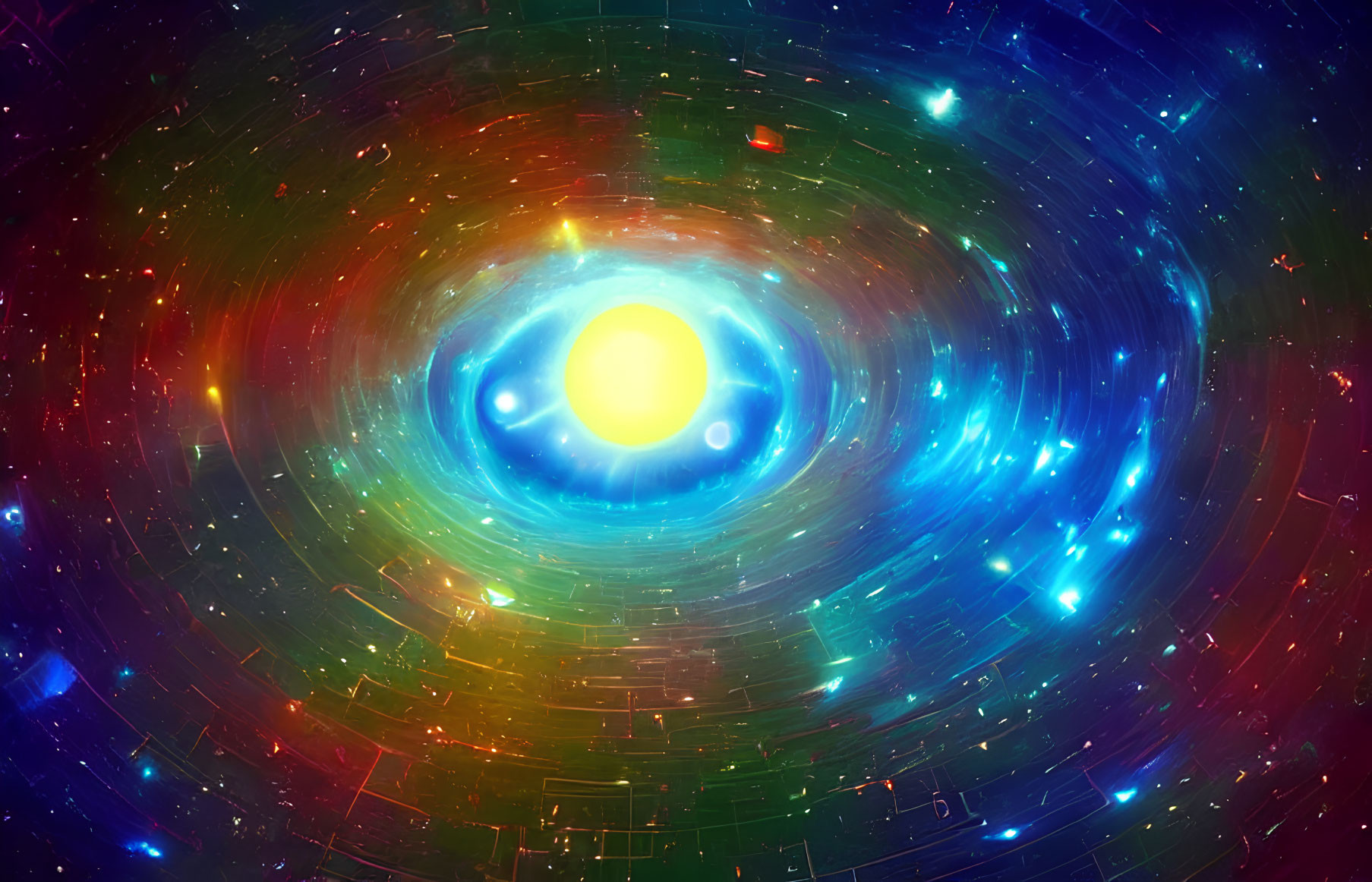 Colorful cosmic illustration with central star and swirling galaxy-like colors.