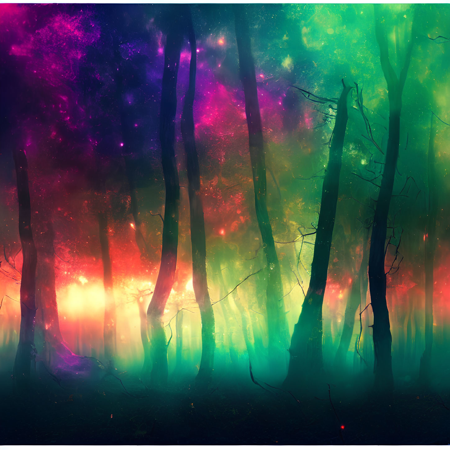 Colorful mystical forest with silhouetted trees on vibrant background.