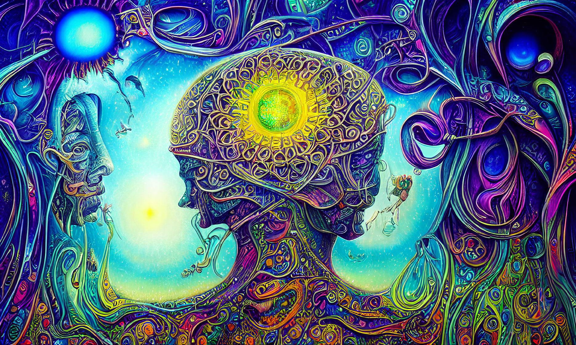 Colorful psychedelic art: detailed human profile with brain design, celestial bodies, abstract patterns