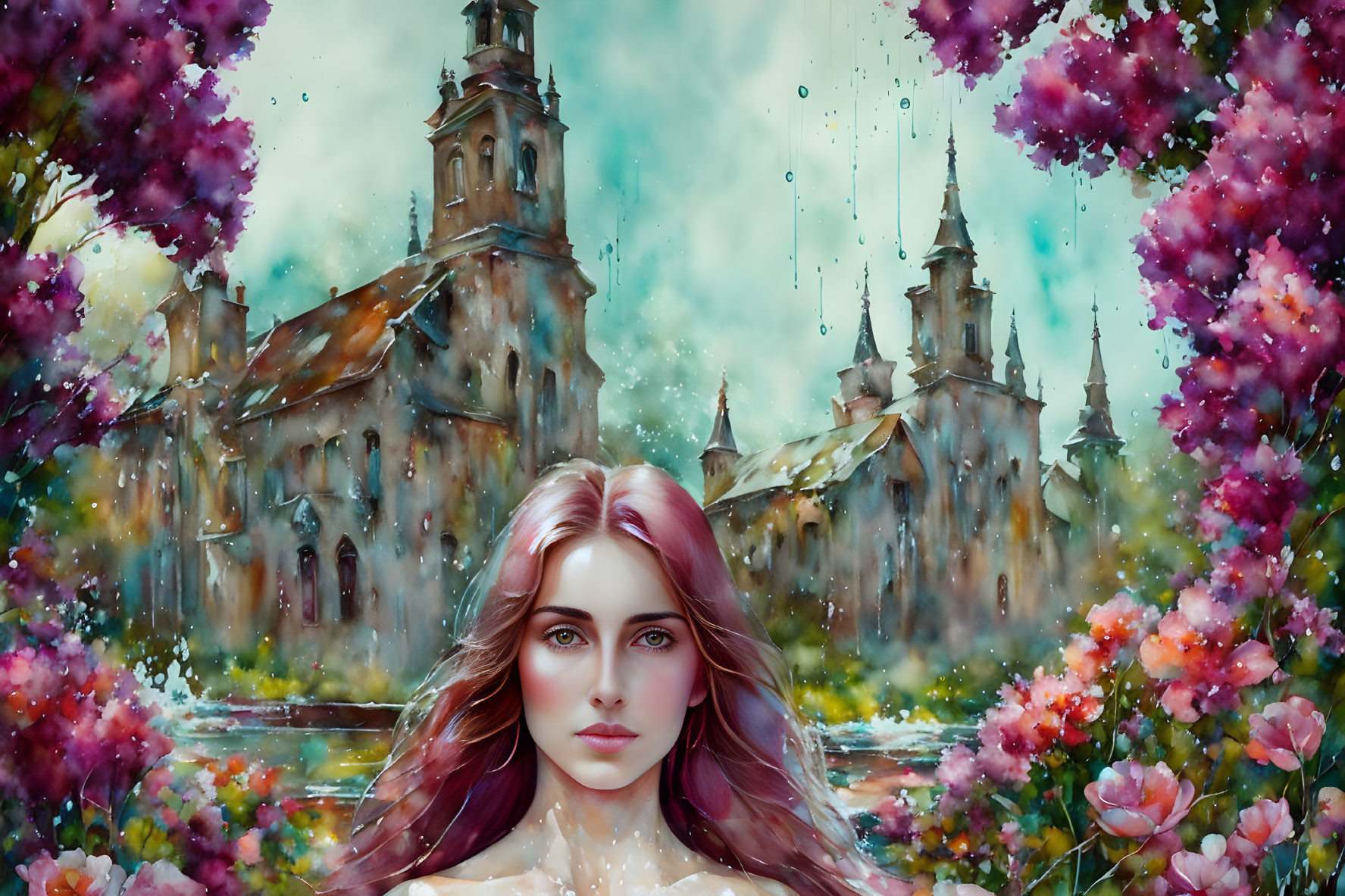 Red-haired woman against colorful cathedral backdrop with flowers