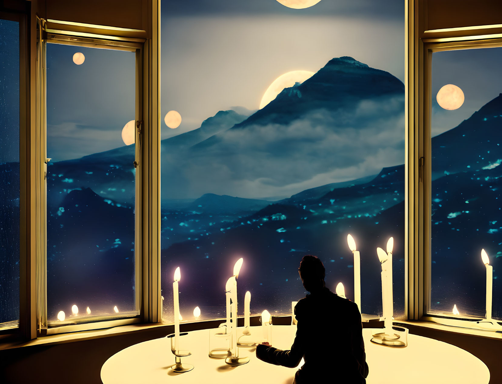 Person sitting at table with lit candles, gazing at full moon night landscape.