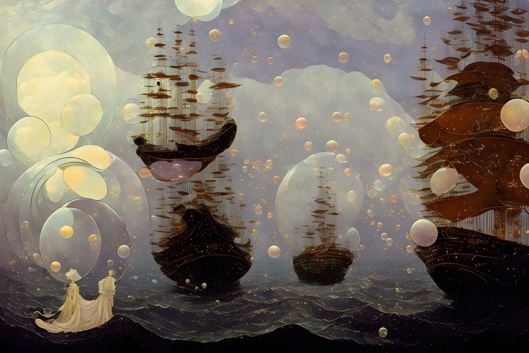 Fantasy scene: ships on dark waves under multiple moons, with figures in boat