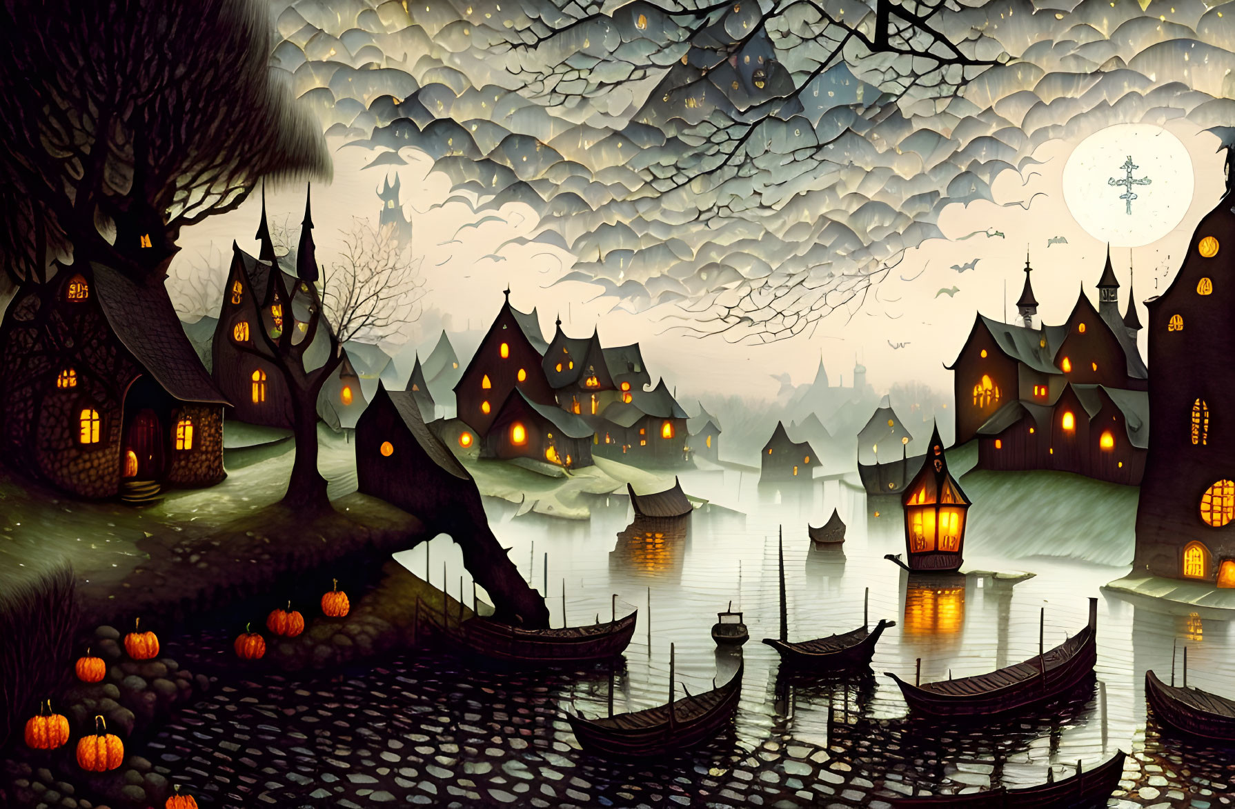 Night village scene with illuminated windows, jack-o'-lanterns, moored boats, bats,