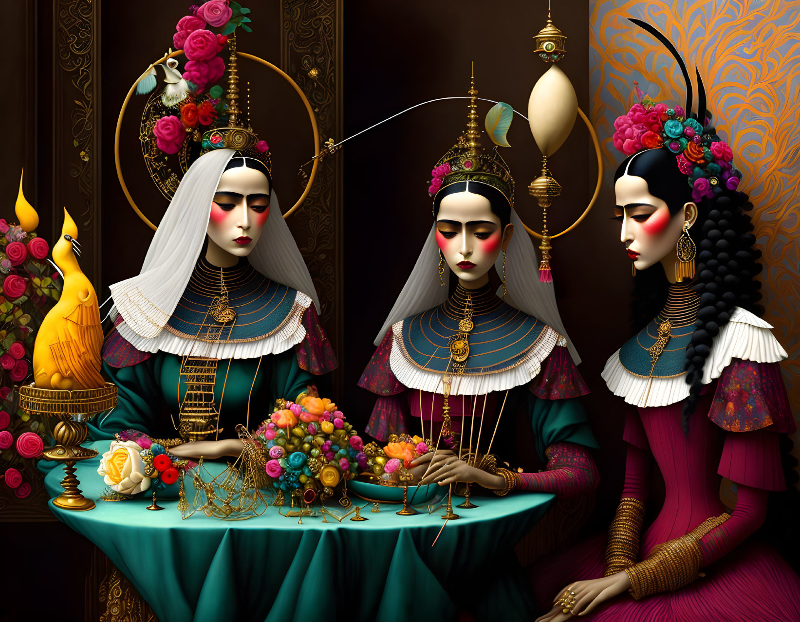 Three women in historical costumes with ornate headpieces, surrounded by vibrant decor and a bouquet