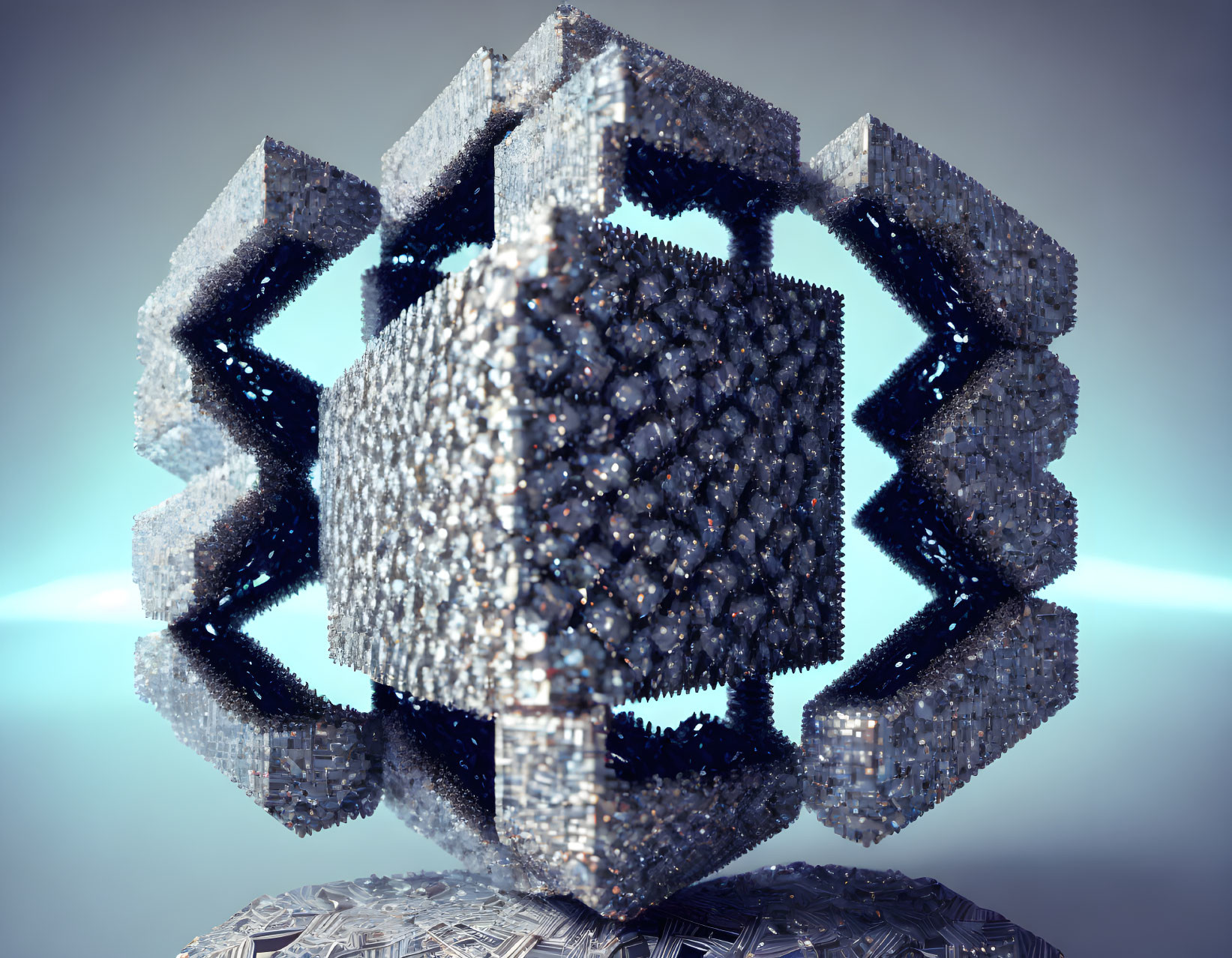 Symmetrical 3D Fractal Cube Structure with Reflective Surface and Blue Backlight