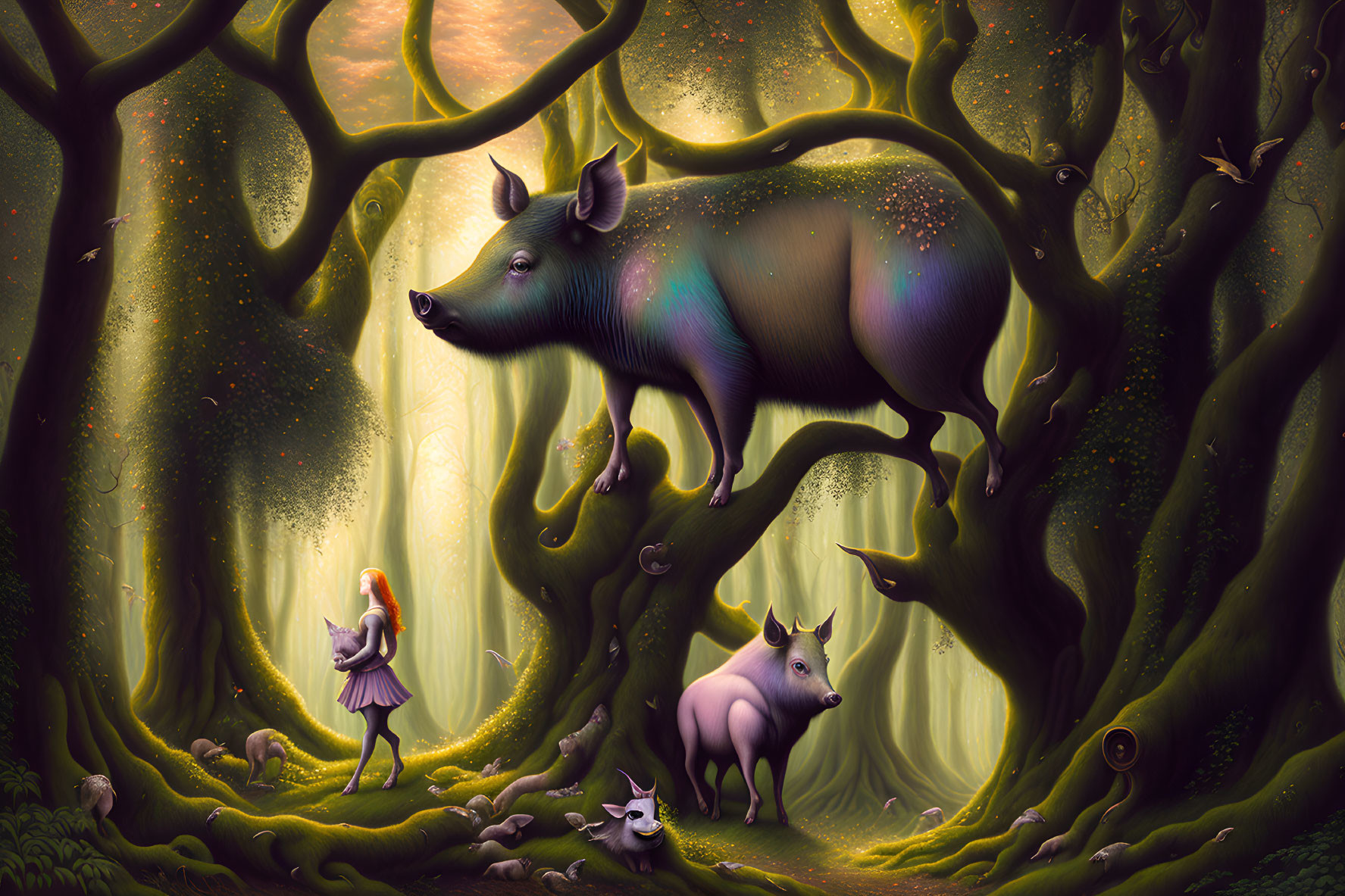 Colorful Forest Scene with Boar, Girl, Axe, and Rabbit