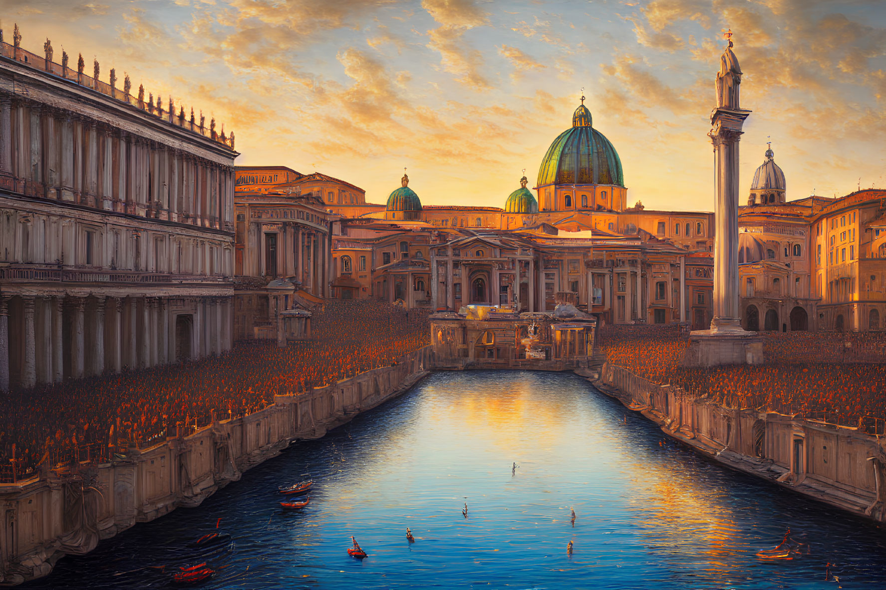 Historical buildings and boats on serene canal at sunset