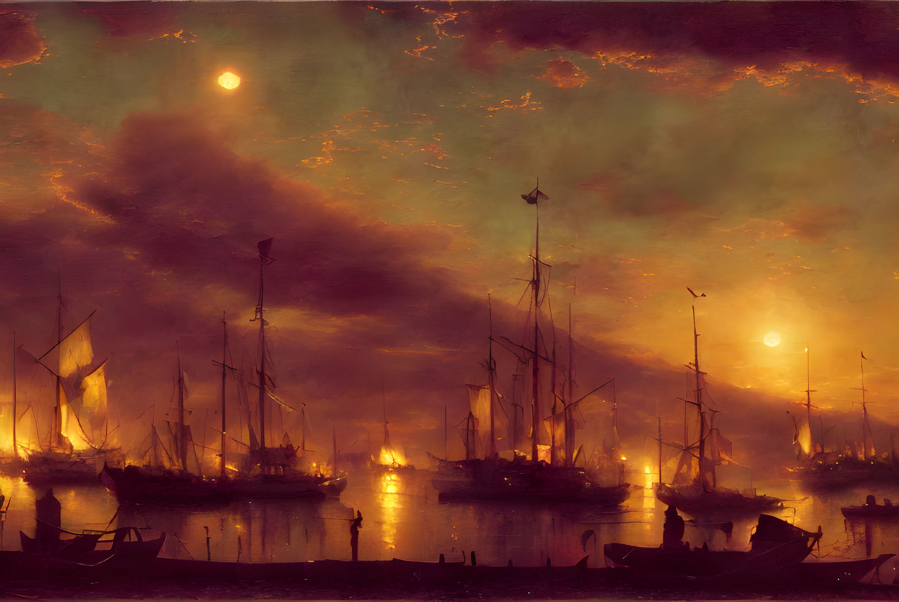 Tall Ships Illuminated by Warm Light at Sunset