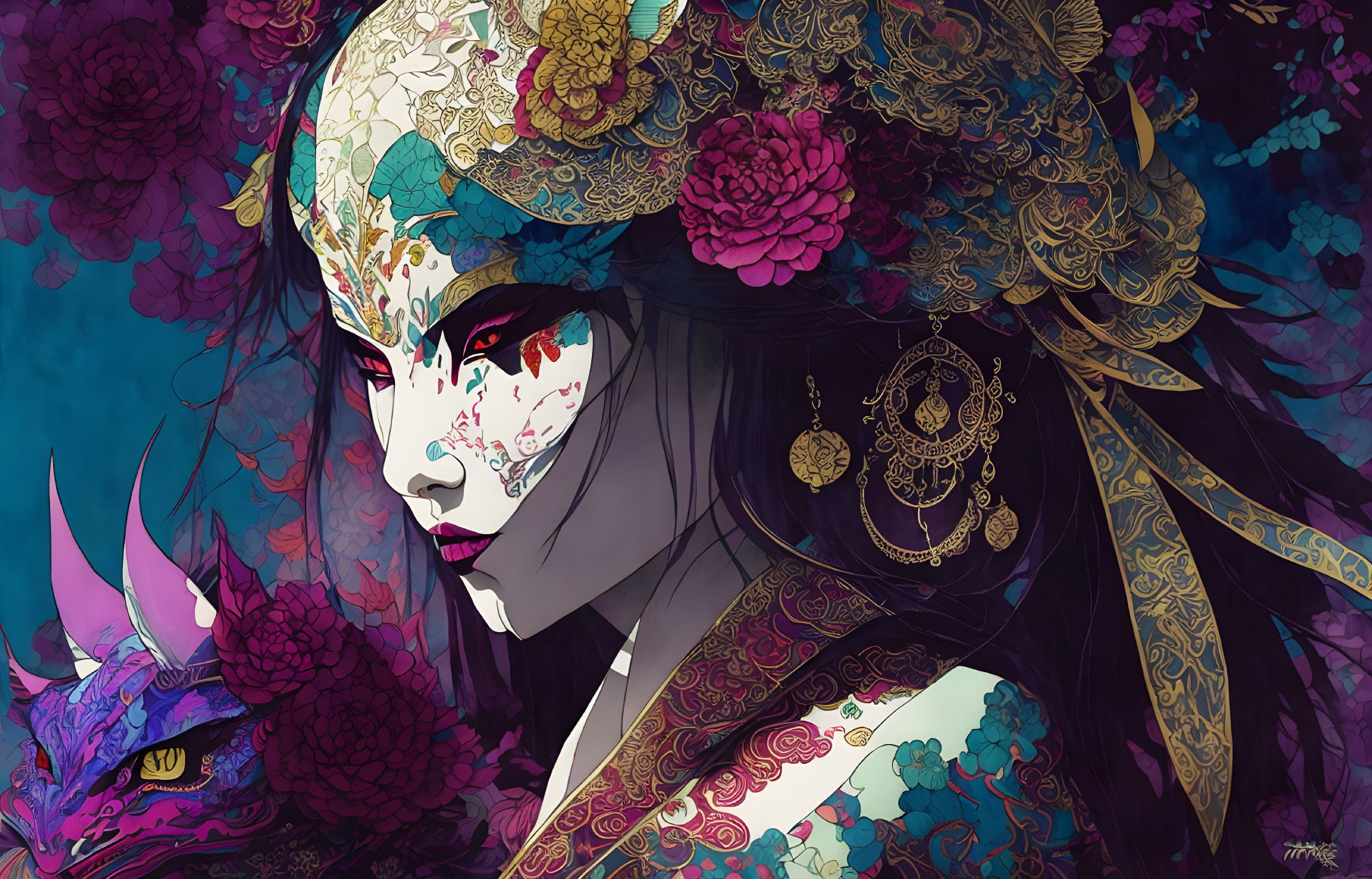 Elaborately painted woman with headdress and stylized dragon on floral background