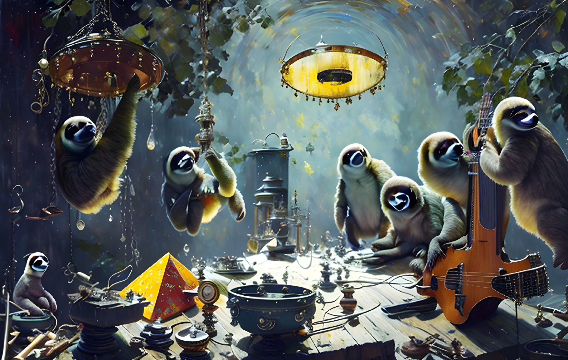 Whimsical room with sloths, lemur, instruments, chandeliers, and lush green