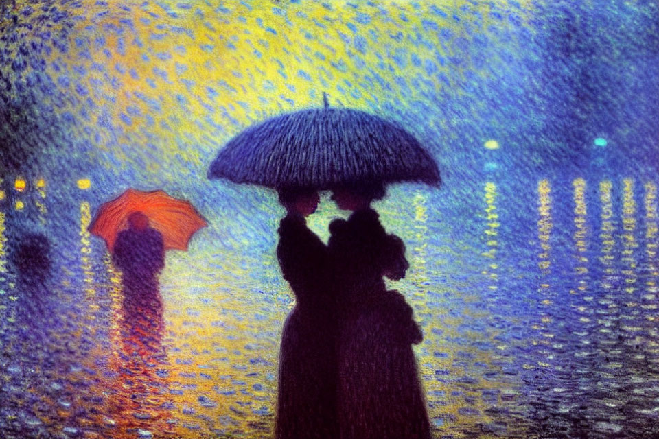 Nighttime painting of two figures under blue umbrella with orange umbrella in vibrant pointillist backdrop