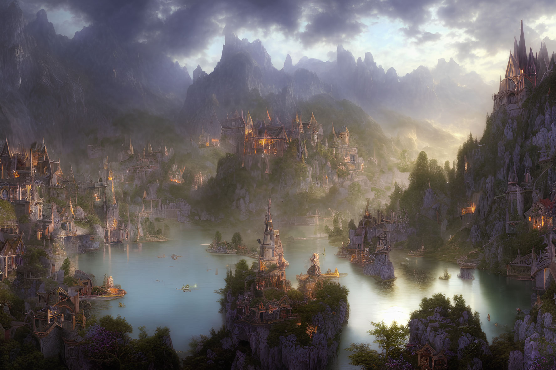 Majestic fantasy landscape with illuminated castles and towering mountains