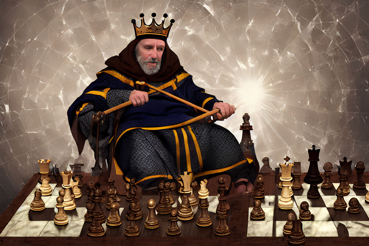 Man in king costume on throne ponders chess move under dramatic lighting