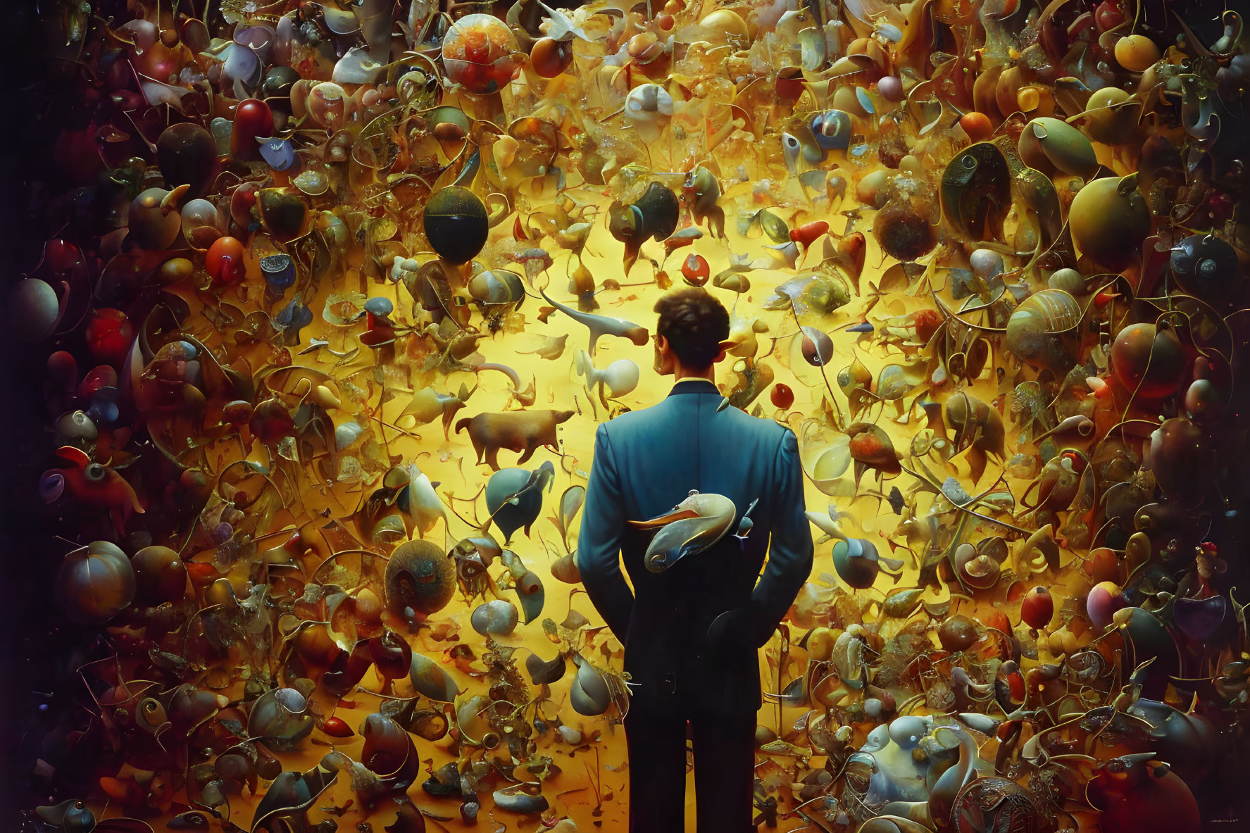 Businessperson in Suit Surrounded by Floating Colorful Orbs