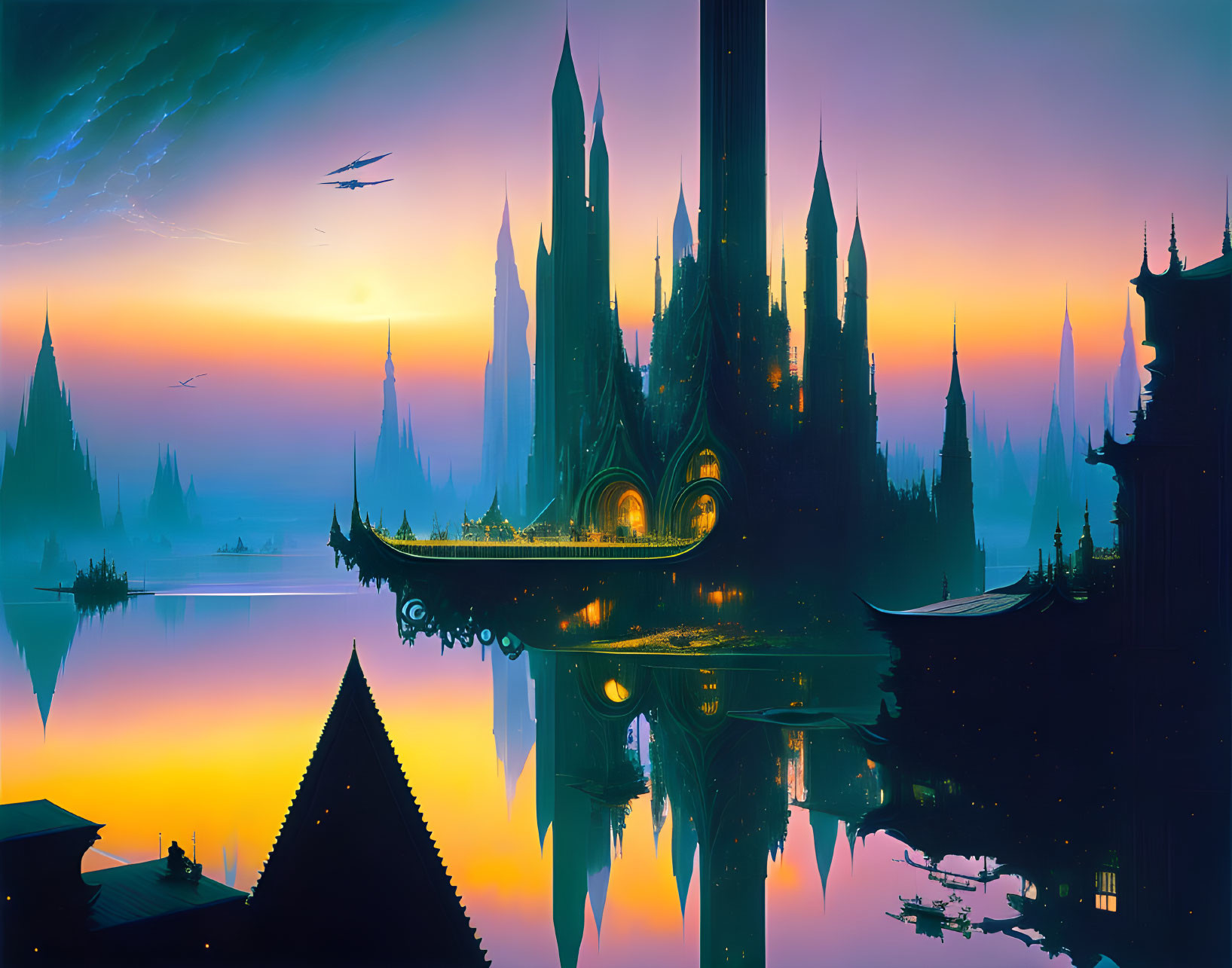 Fantastical cityscape digital artwork with futuristic buildings and sunset reflection