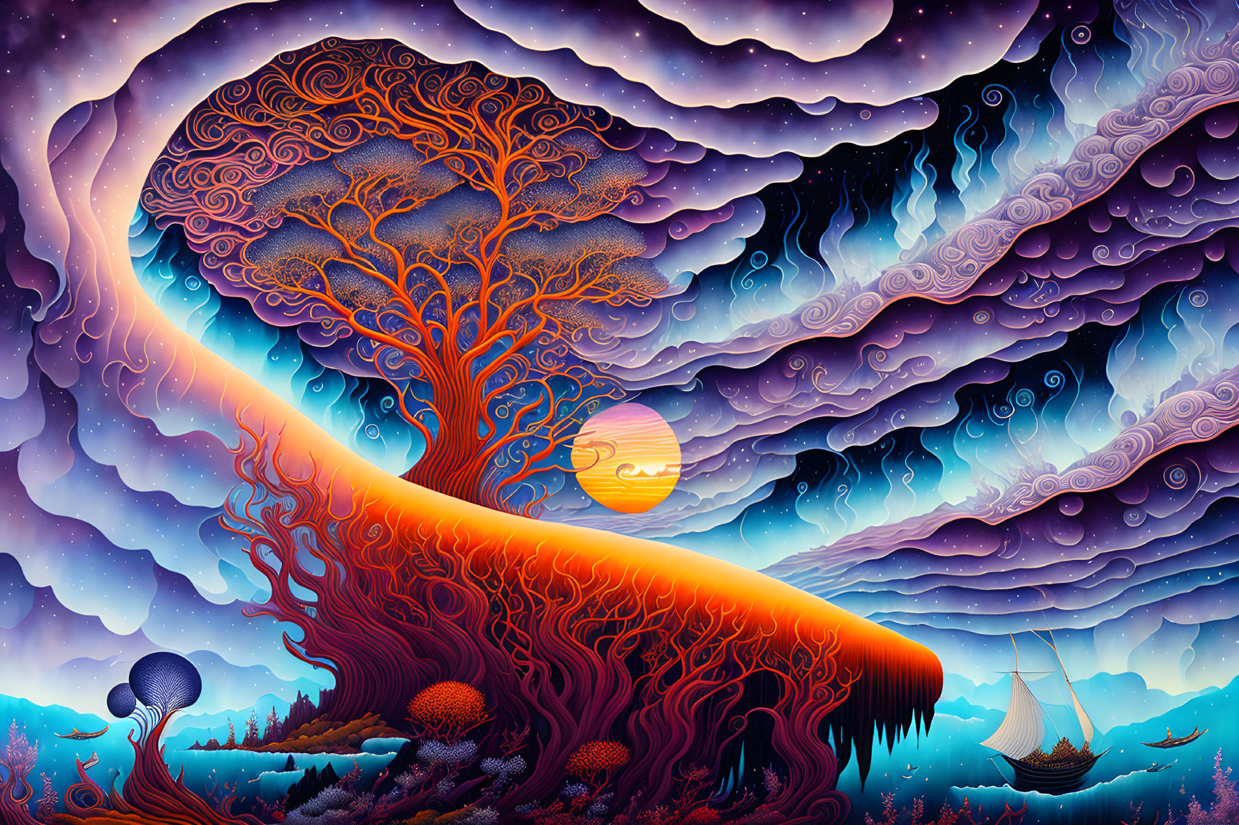 Surreal landscape with orange tree, purple hills, setting sun & sailboat