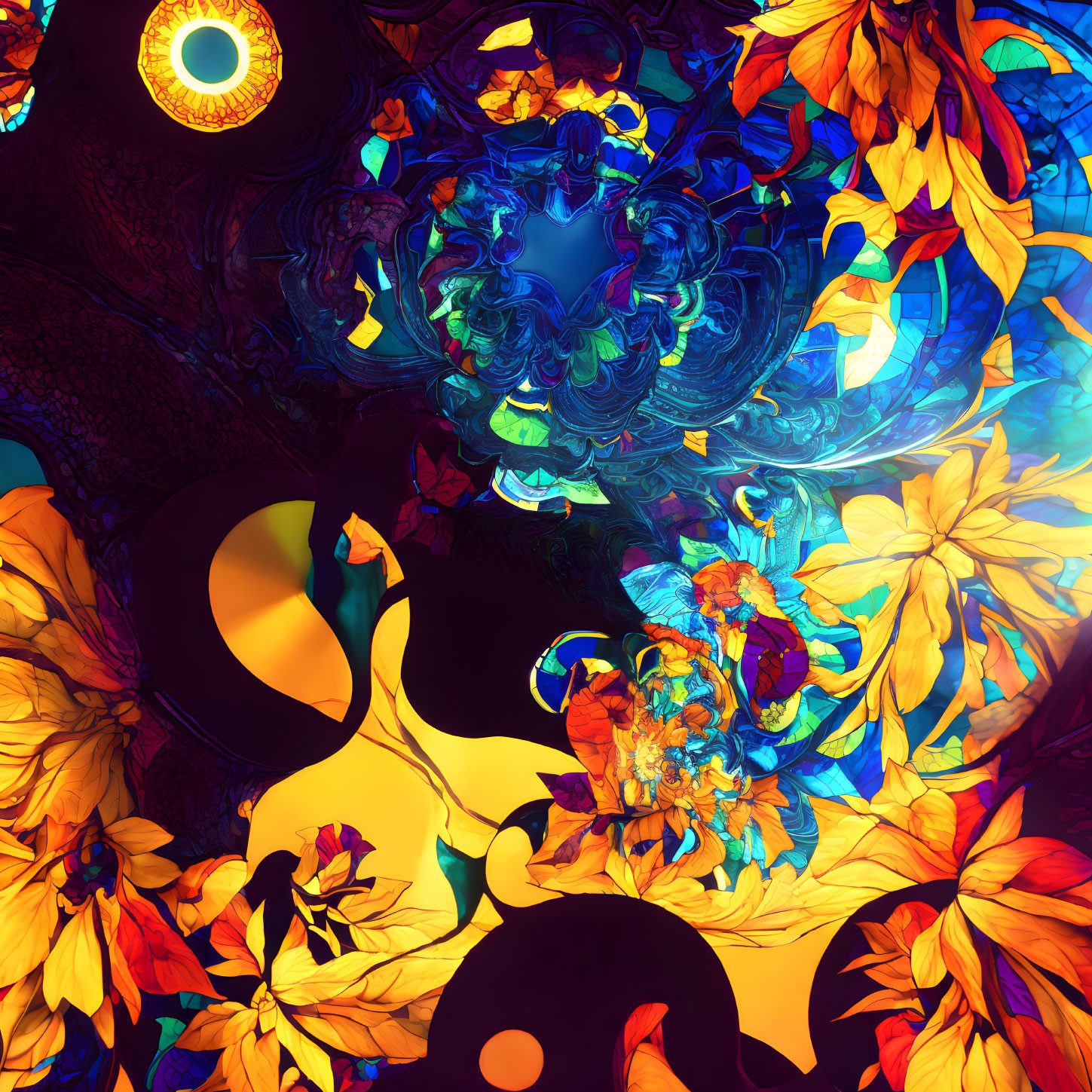 Abstract Neon Floral Digital Artwork with Kaleidoscopic Design