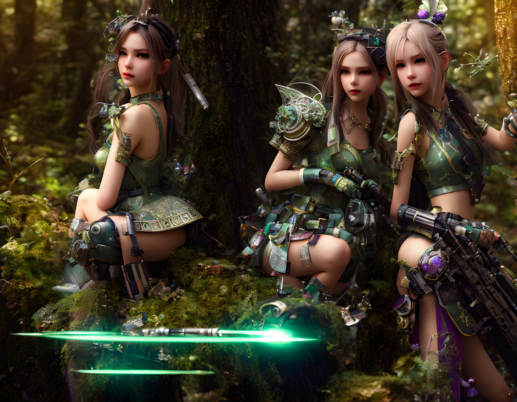 Futuristic female warriors with ethereal weapons in forest scene