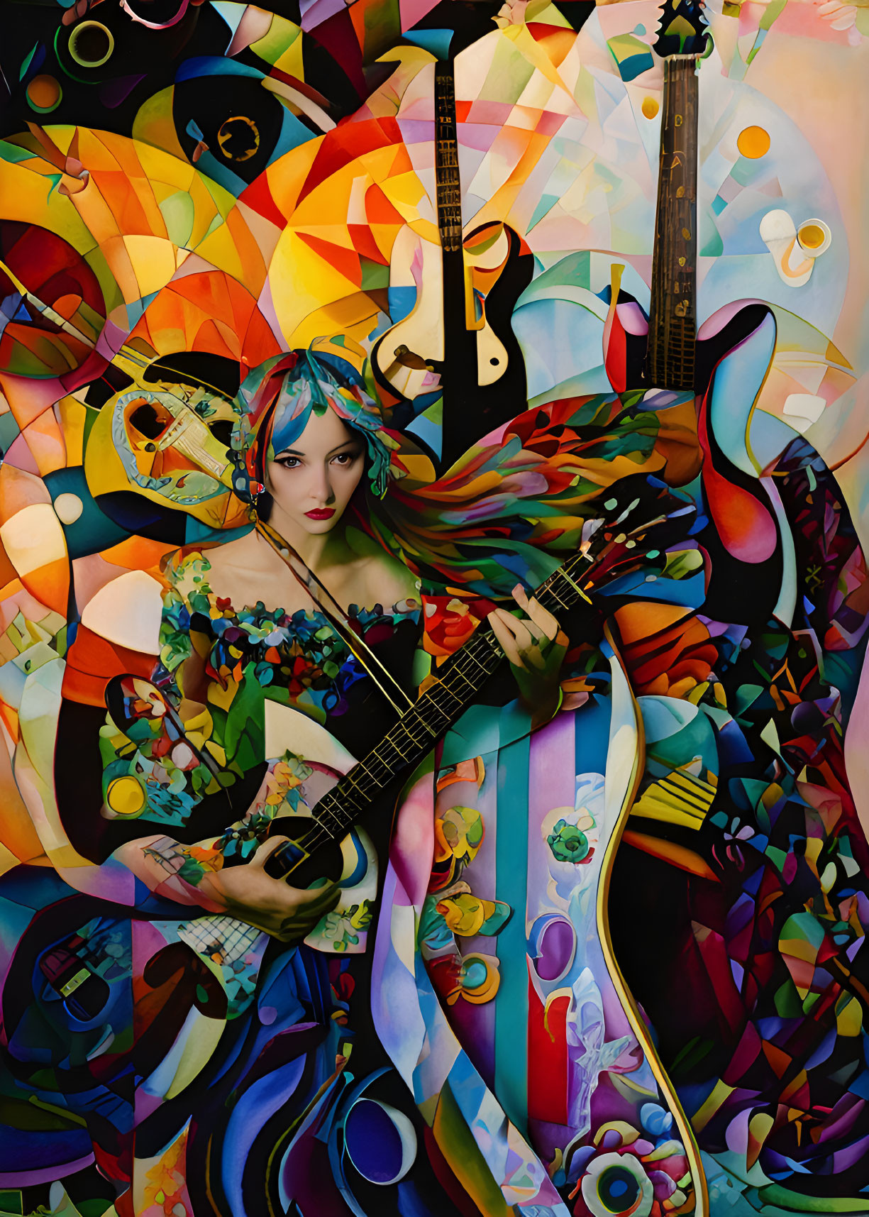 Vivid Abstract Art: Woman with Guitar in Colorful Swirls