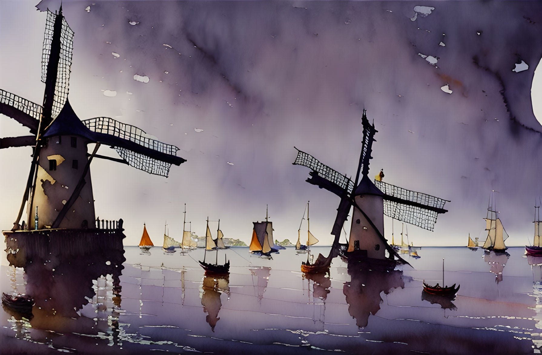 Tranquil waterscape with windmills and boats in twilight sky