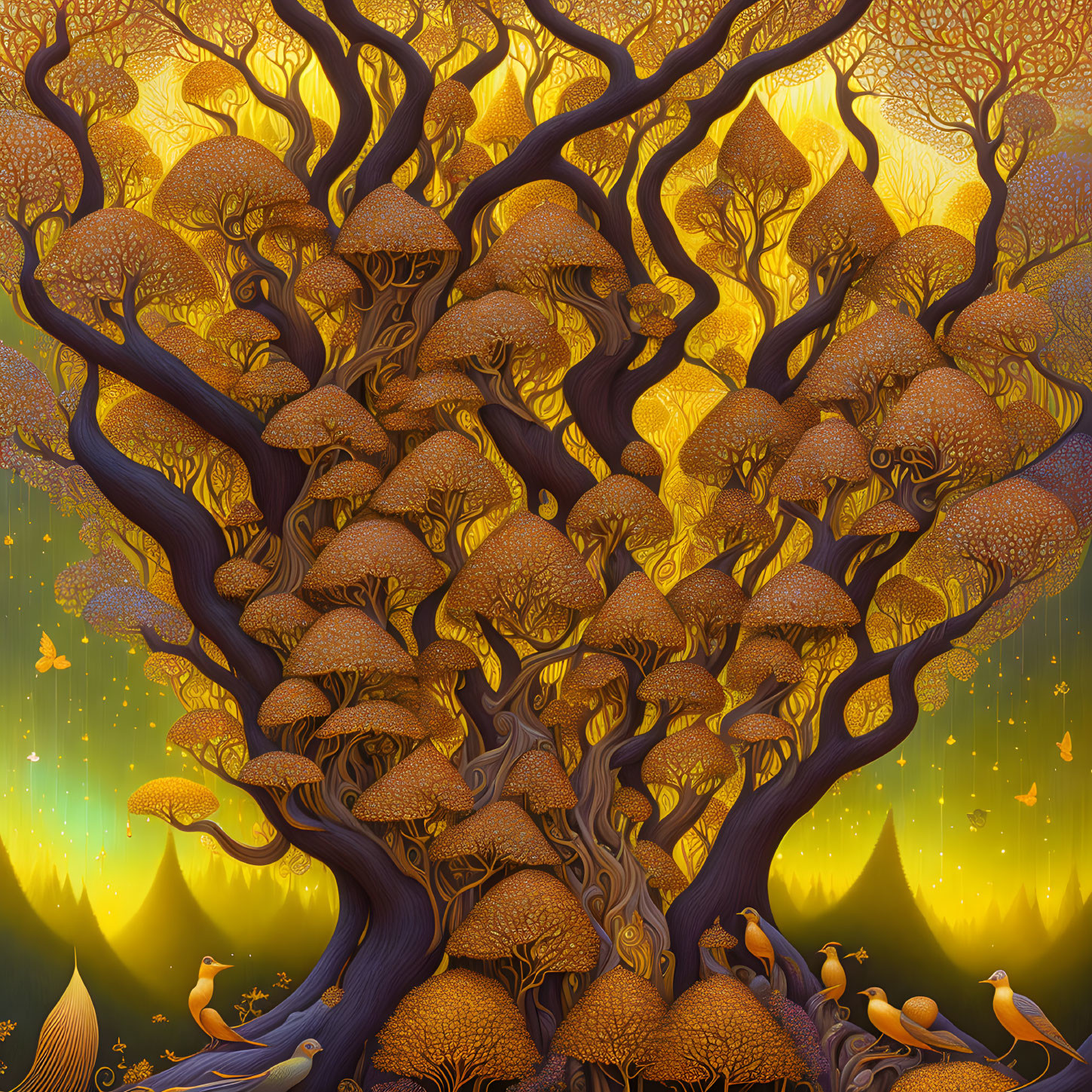 Detailed illustration: Intricate tree with golden leaves and twisted branches on yellow gradient background with stylized patterns