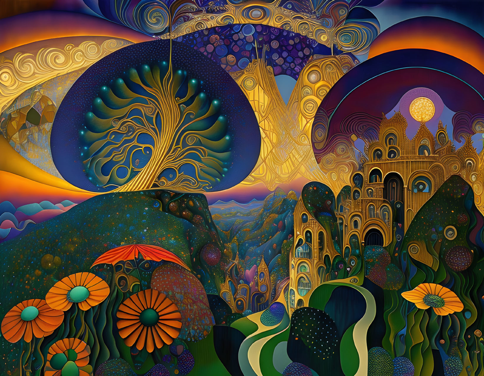 Colorful Psychedelic Landscape with Trees, Flowers, and Cosmic Sky