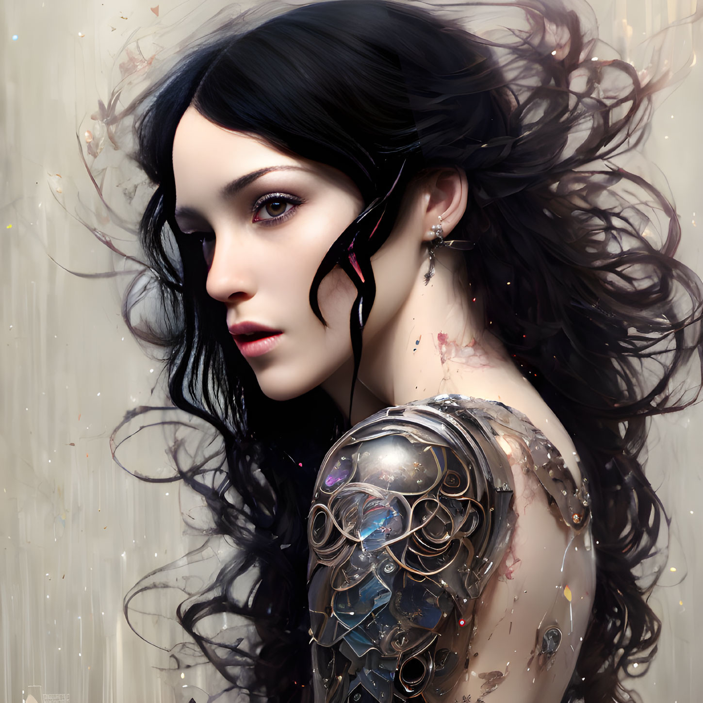 Digital artwork: Woman with dark hair, pale skin, and mechanical arm on light background