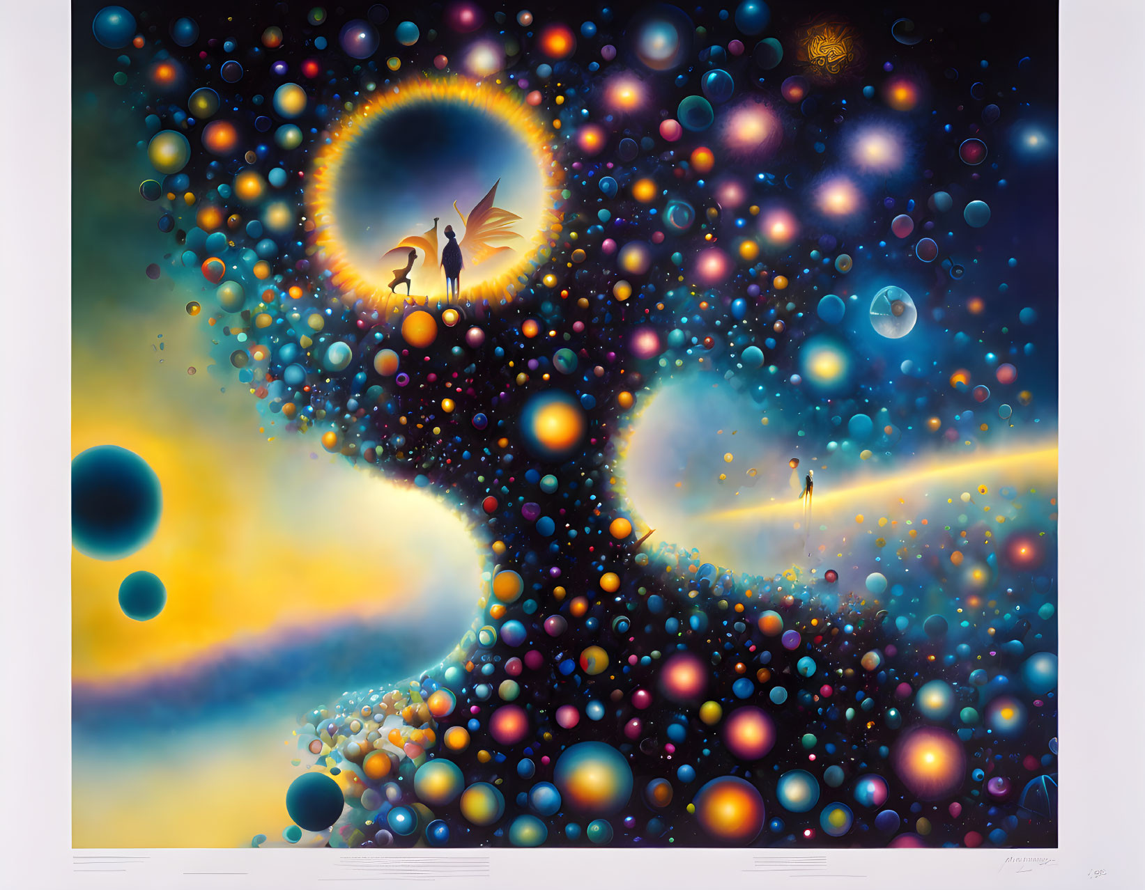 Colorful cosmic scene with figure, orbs, glowing ring, and winged creature