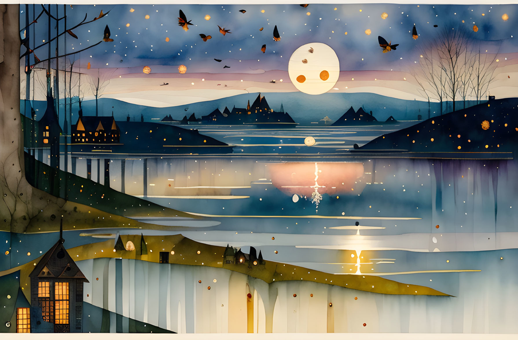 Tranquil riverside village at twilight with full moon, flying birds, reflection, and cozy lit