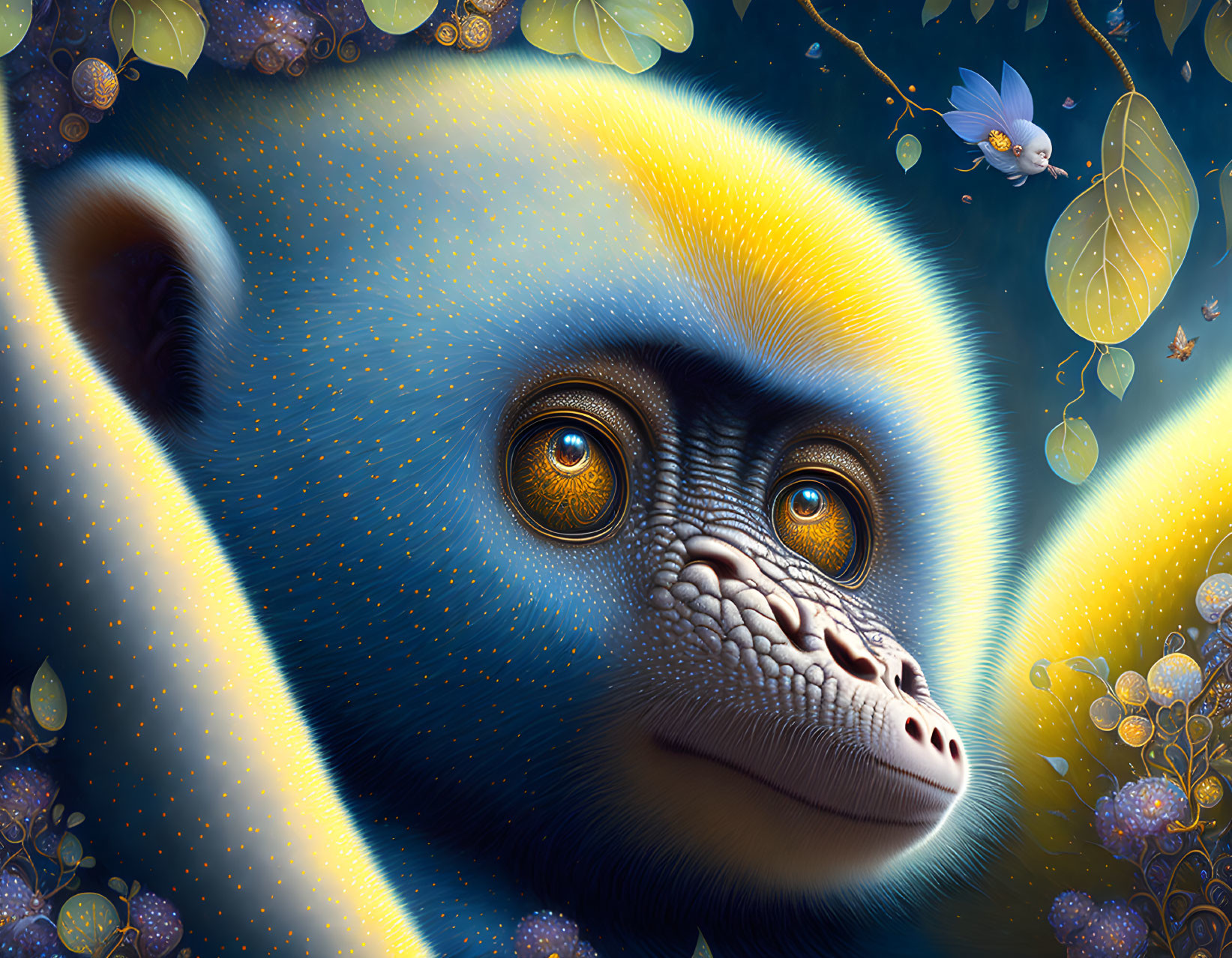 Detailed Golden Monkey Illustration in Night Scene with Orange Eyes and Blue Butterfly