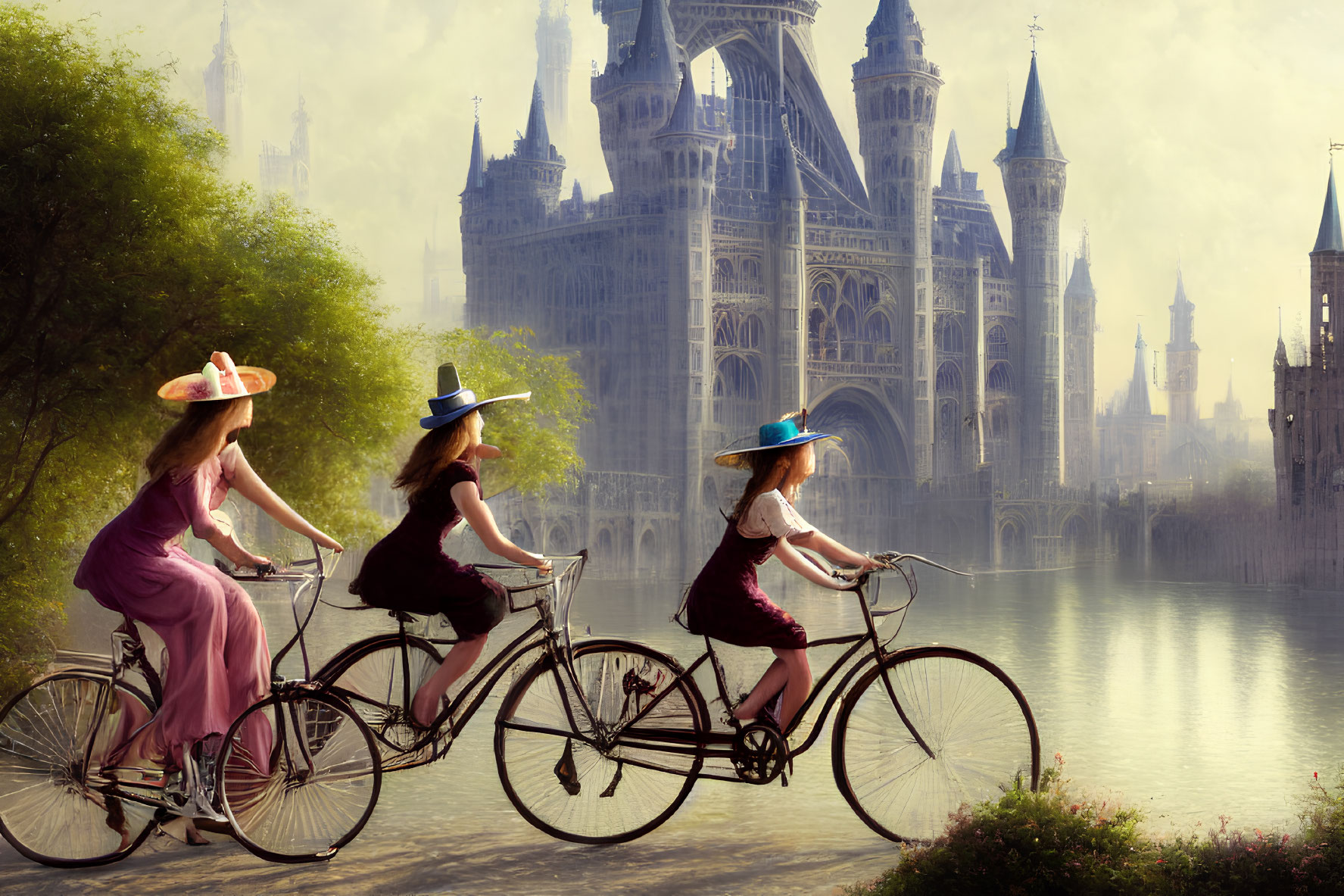 Vintage dresses and hats: Three women on bicycles near misty castle